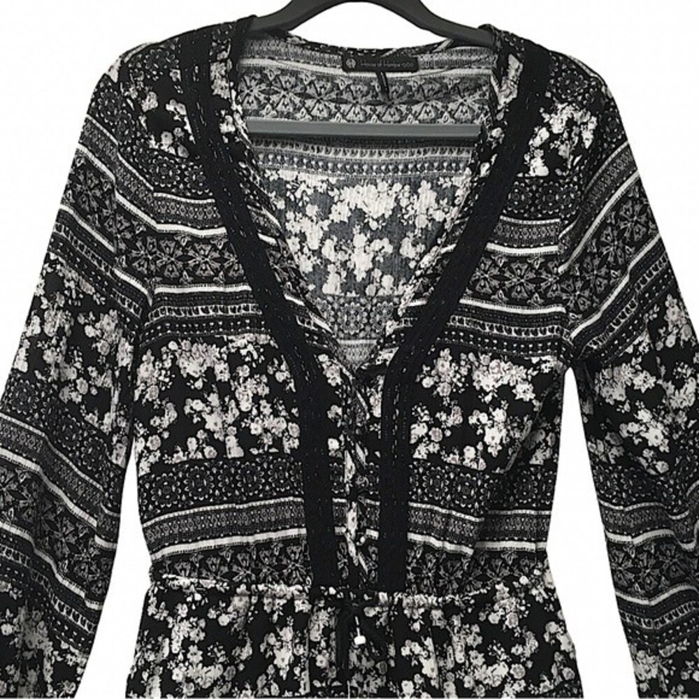 House of Harlow Boho Floral Romper Black White Lace Fringe Trim Festival, Small - Picture 3 of 10